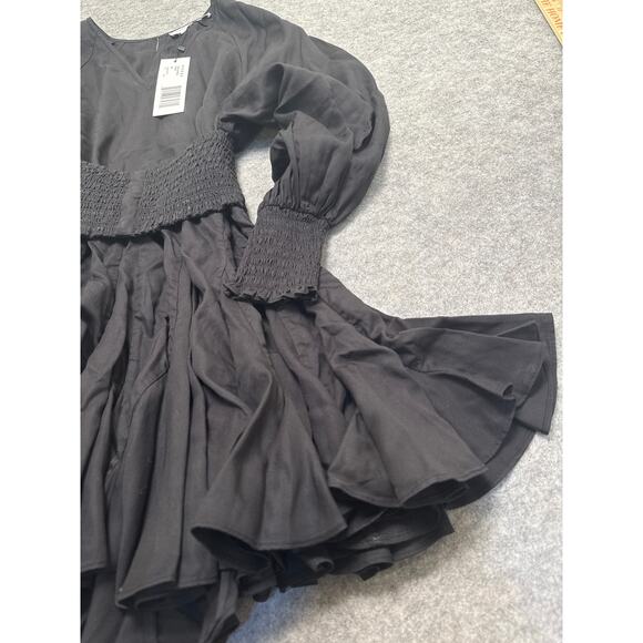 Rhode Olivia Black Smocked Waist Mini Dress XS NWT Long Sleeve Ruffle Hem - Picture 3 of 9